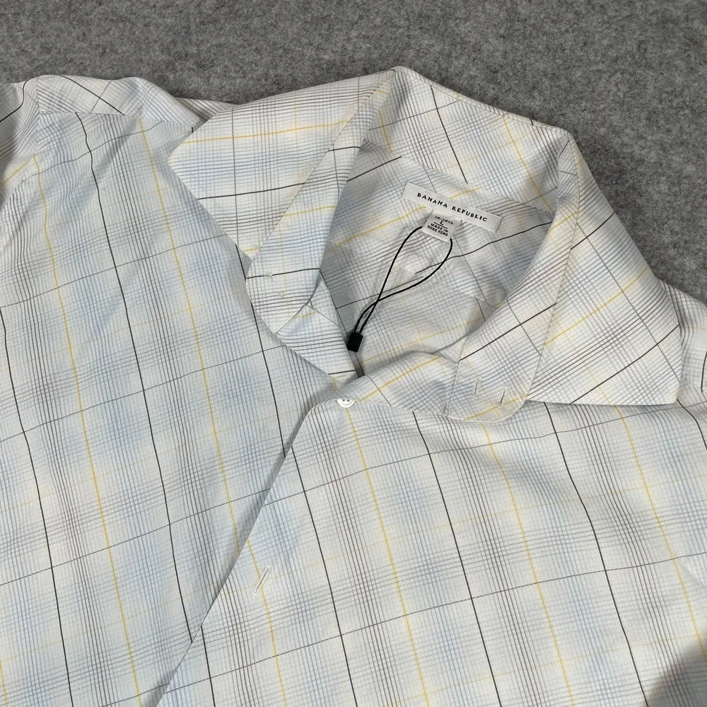 Banana Republic Mens Button Down Shirt L White Plaid Long Sleeve Regular Fit Non